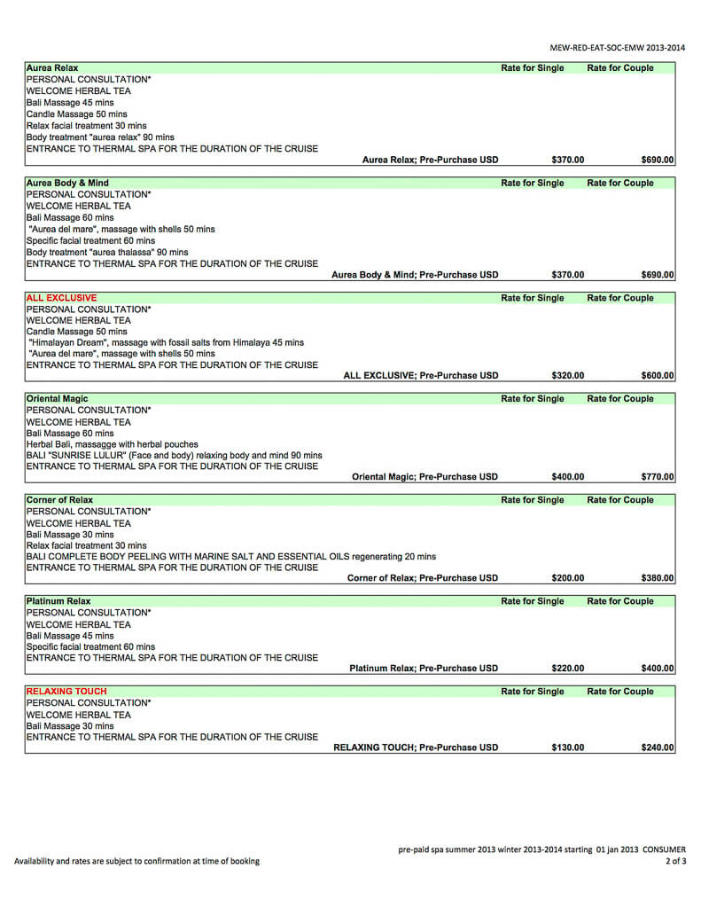 MSC Spa Price List cruise with gambee