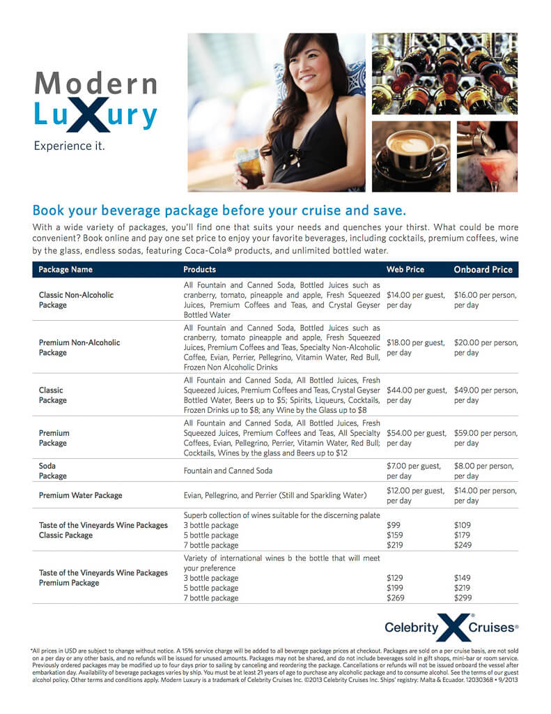 Celebrity Cruises drink package Prices