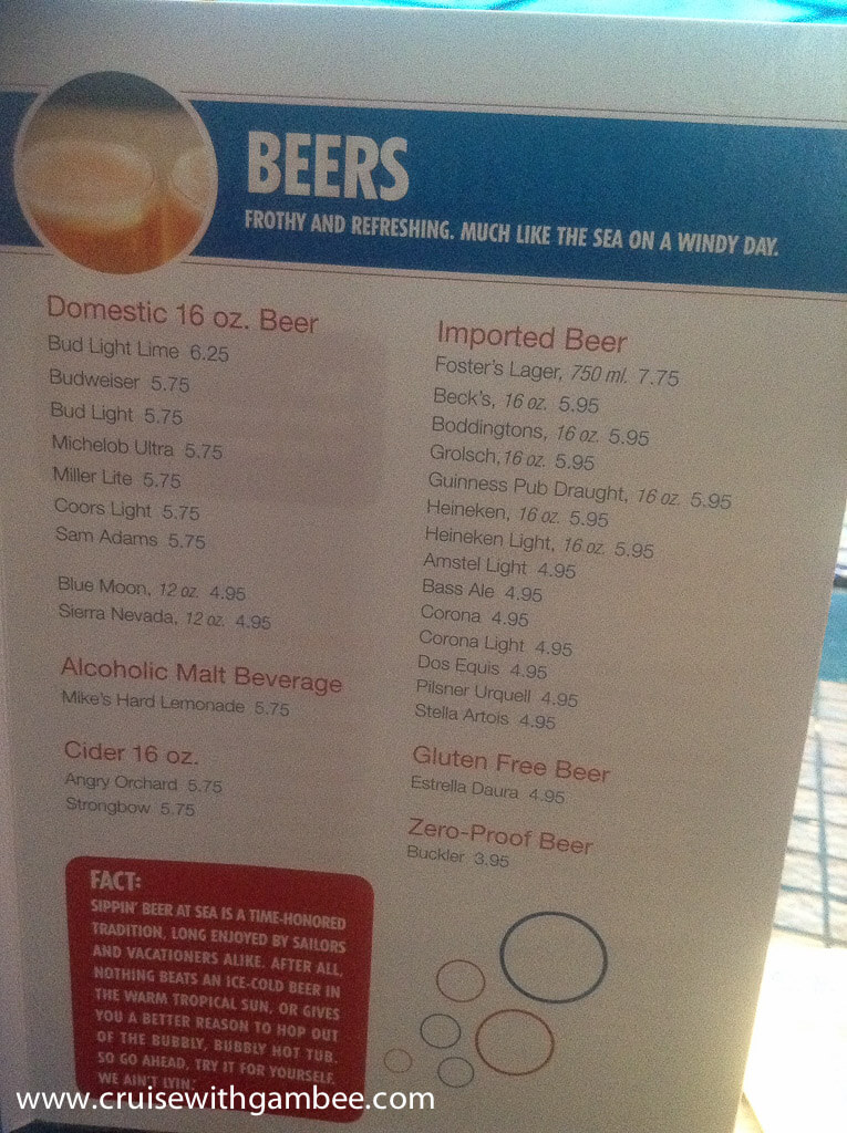 carnival cruise beer prices