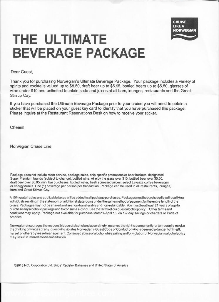 Norwegian (NCL) Ultimate Beverage Drink Package - NCL Drink Package