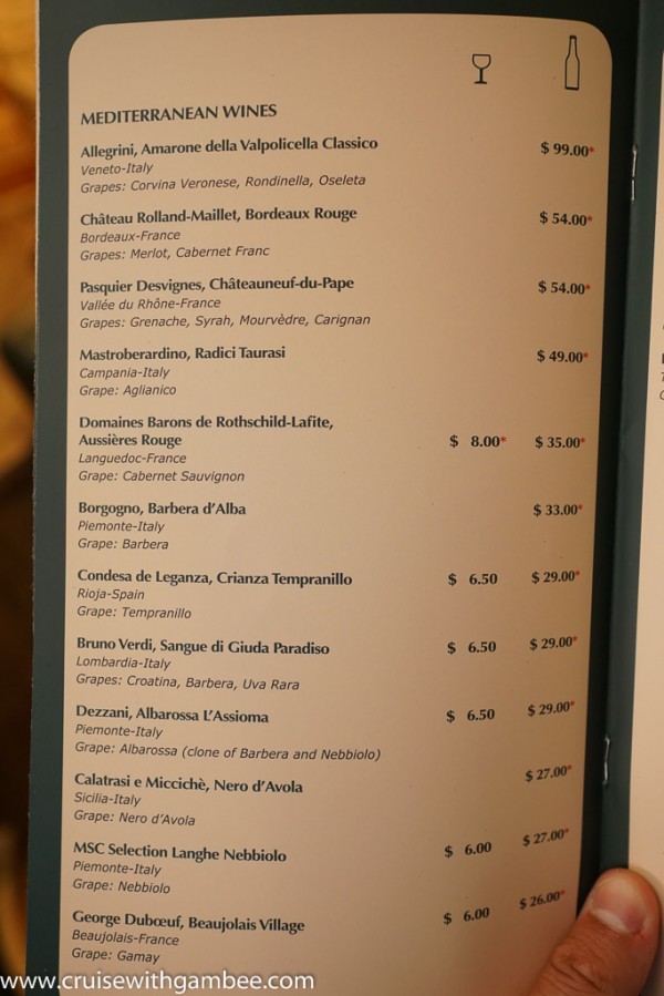 MSC Cruises Drink lists with prices. cruise with gambee