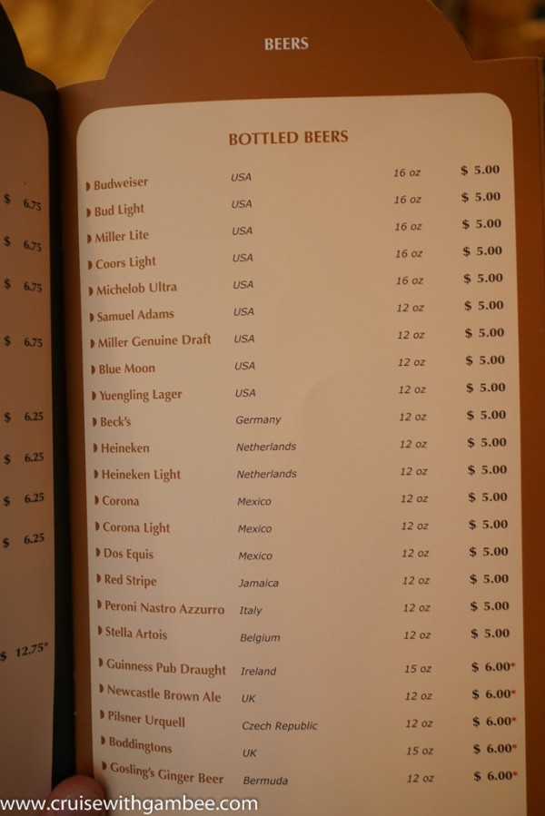 Listas de bebidas da MSC Cruzeiros com preços. cruzeiro com gambee