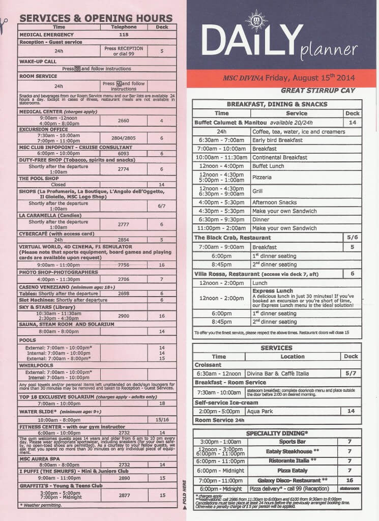 MSC Divina Daily Itinerary cruise with gambee