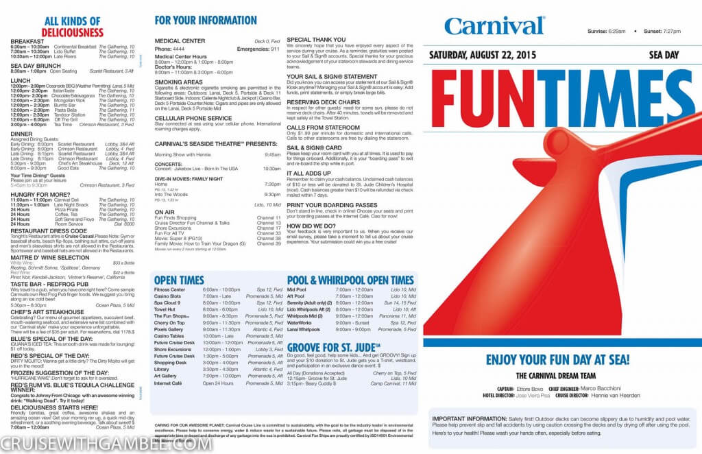 Carnival Dream FunTimes Daily Itinerary cruise with gambee