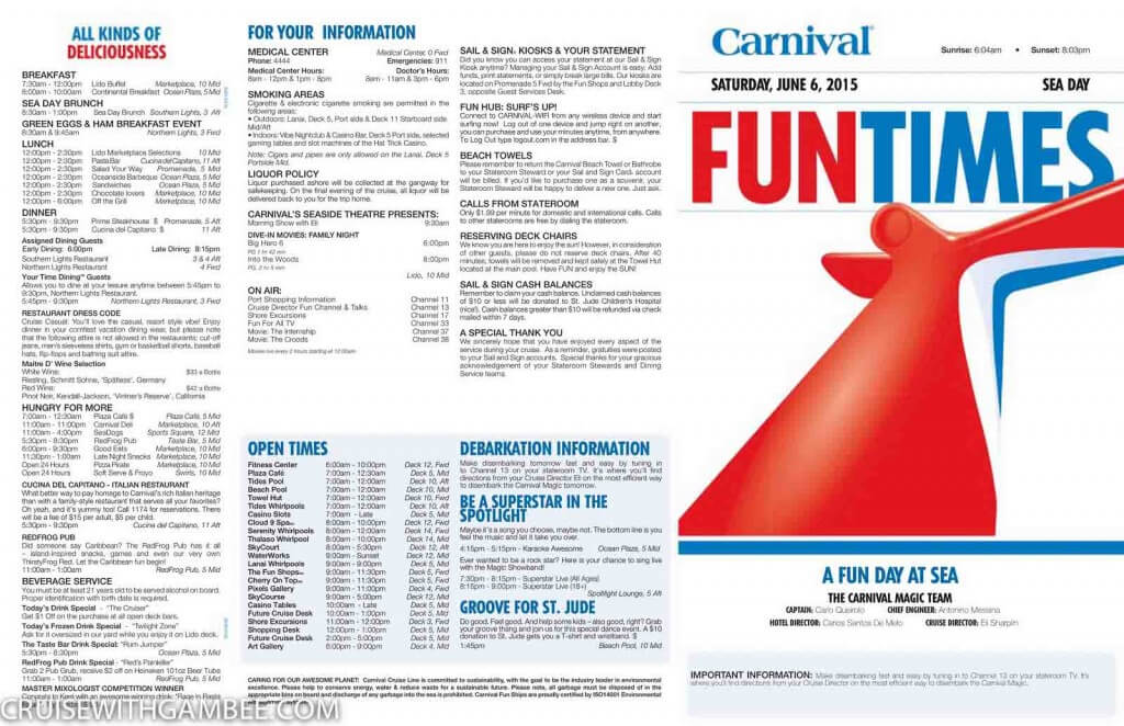 Carnival Magic FunTimes Daily Itinerary cruise with gambee