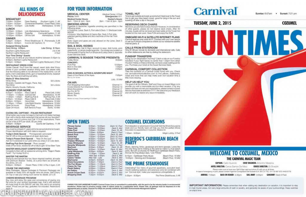 Carnival Magic FunTimes Daily Itinerary cruise with gambee