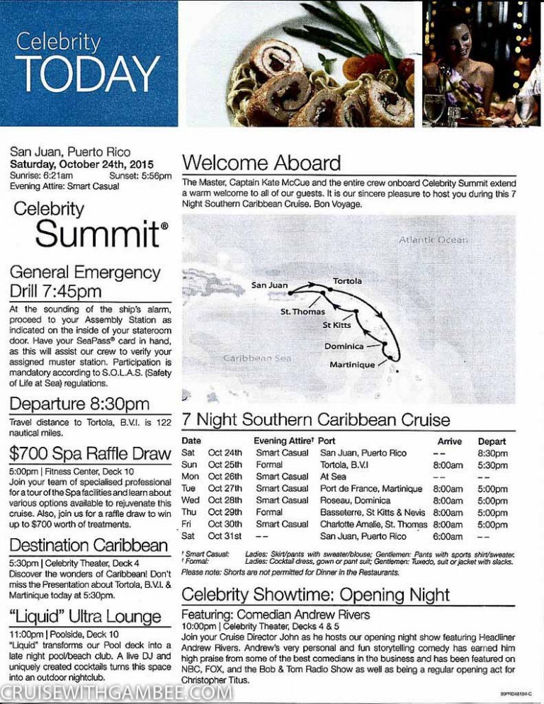 Celebrity Summit Today Daily Activity planner cruise with gambee