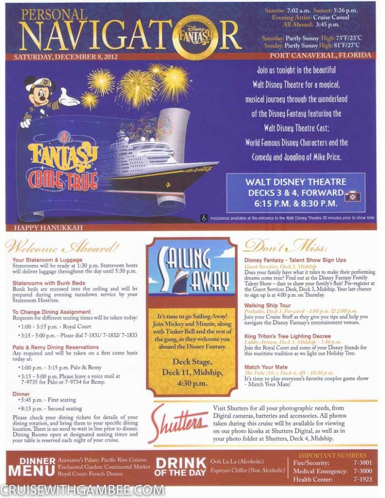 Disney Fantasy Navigator Daily activity planner cruise with gambee